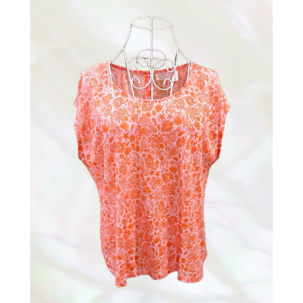 SIGRID OLSEN 100% Linen Women's Casual T-shirt Top Sz M  Pink/Orange Seashells